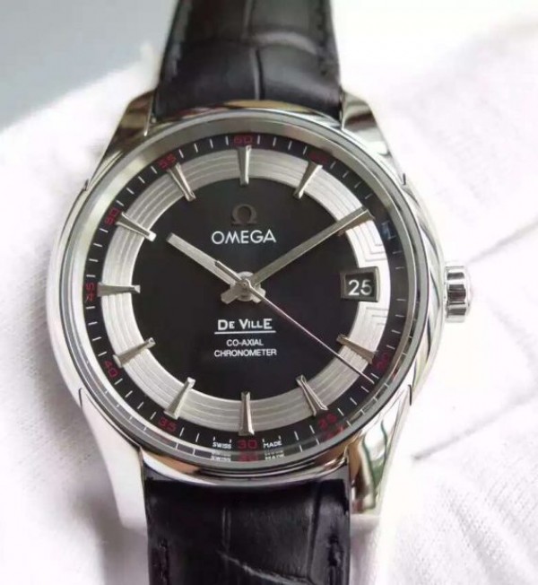 Replica Omega V6F De Ville Hour Vision Co-Axial 41mm SS Black Dial Black Leather Strap A8500