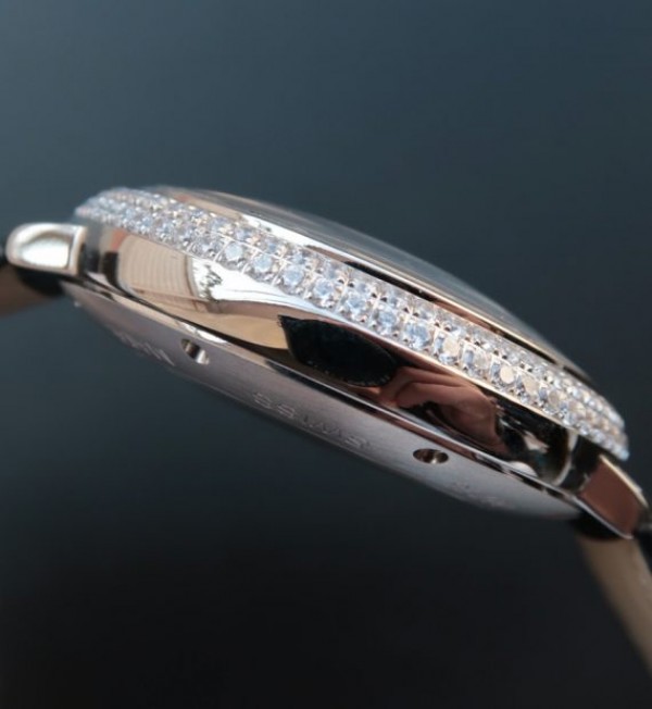 Replica Cartier Ballon Bleu de Cartier Tourbillon SS Paved Diamonds Black Leather Strap