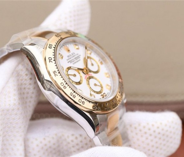 Replica Rolex Daytona 116523 Thick YG Wrapped White Dial Diamonds Markers Bracelet A7750