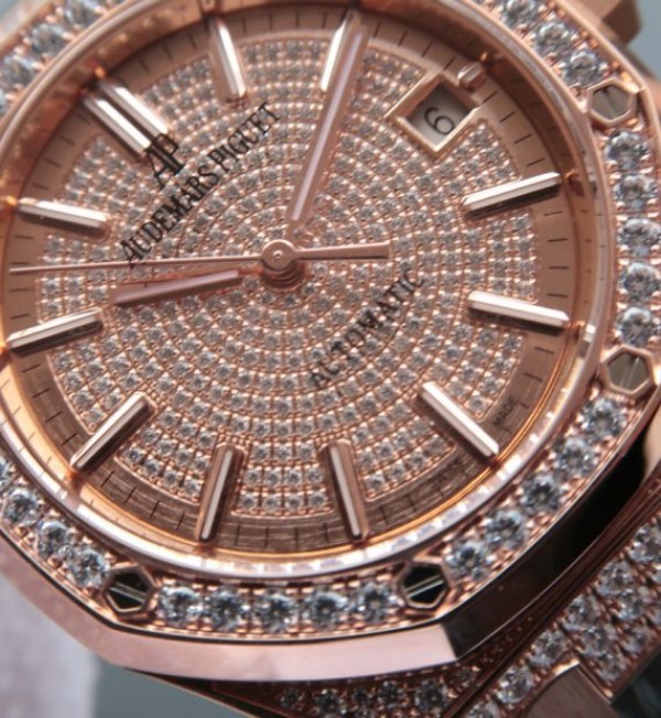 Replica Audemars Piguet JF Royal Oak 37mm 15452 RG Full Paved Diamonds Leather Strap A3120