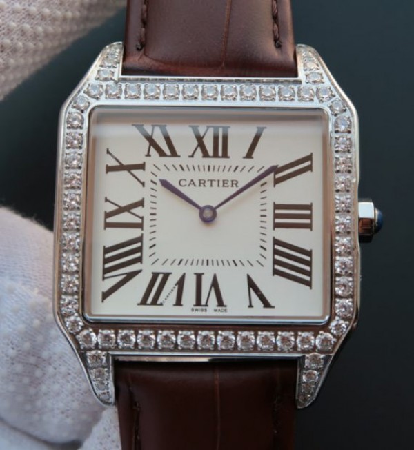 Replica Cartier Santos WH100651 Diamond SS White Dial Leather Strap A9015
