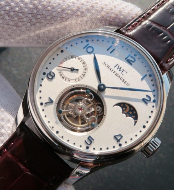 Replica IWC Portuguese Tourbillon Blue Markers Power Reserve Moonphase White Dial