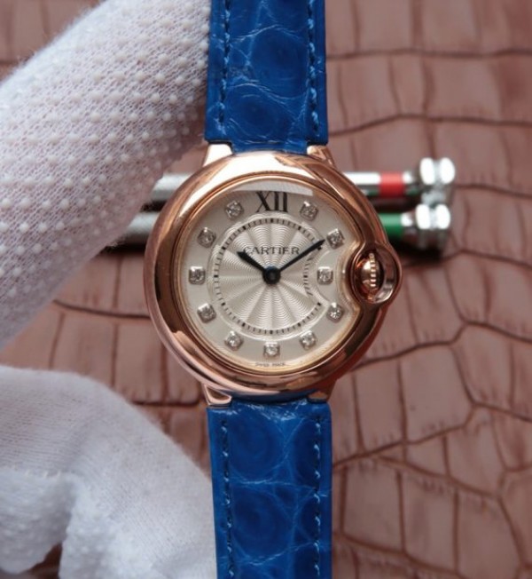 Replica Cartier Ballon Bleu 28mm Ladies RG White Dial Diamonds Markers Ronda Quartz