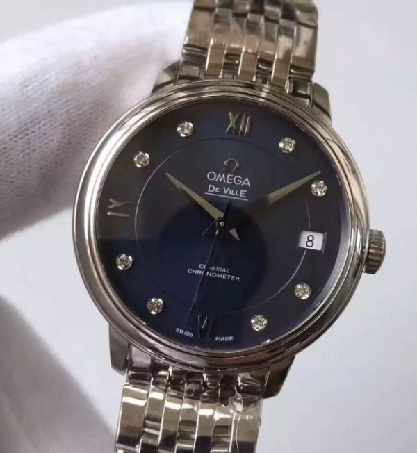 Replica Omega MKF De Ville 33mm Diamonds Markers Blue Dial SS Bracelet A2824