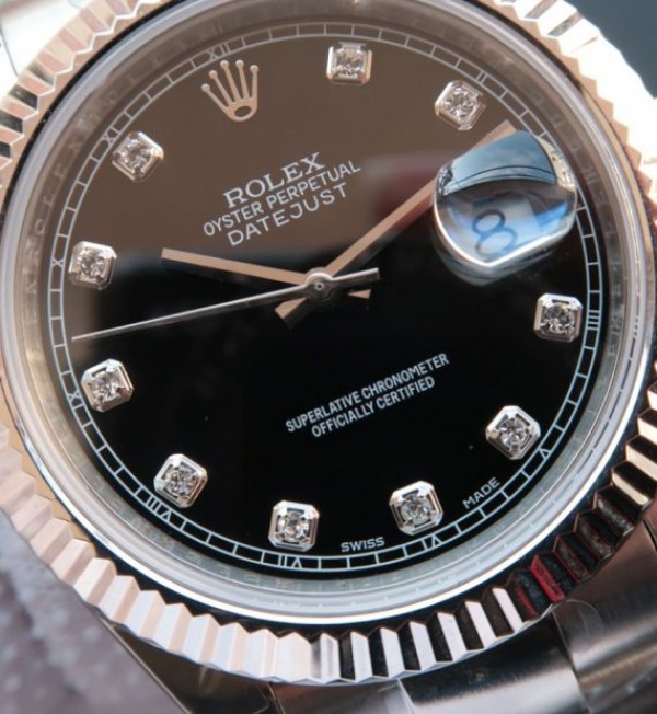 Replica Rolex DateJust 41mm 116334 Fluted Bezel Black Dial Diamonds Markers SS Bracelet A3136