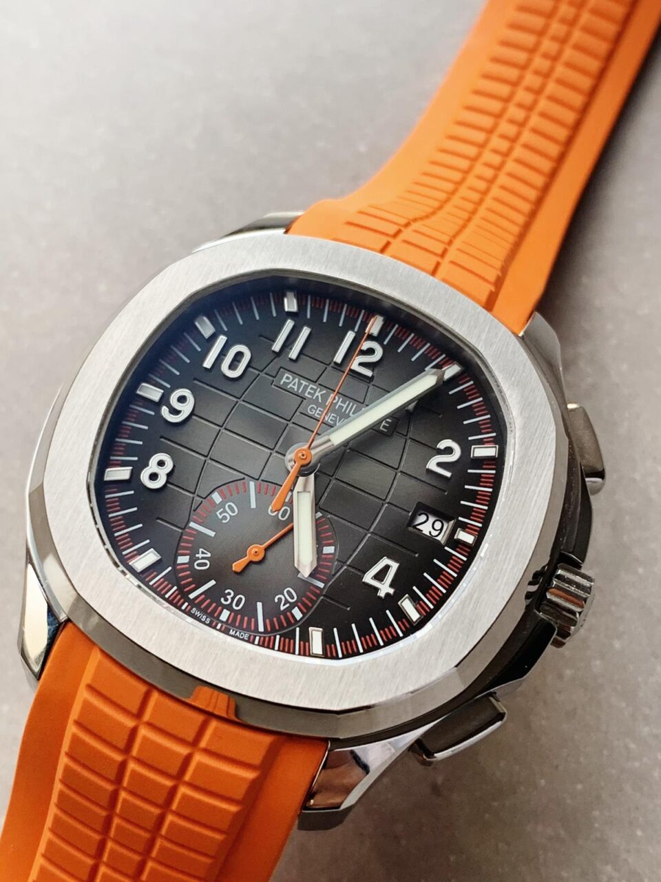 Replica PATEK PHILIPPE Aquanaut 5168G 42mm SS ZF 1:1 Best Edition Black Dial on Orange Rubber Strap