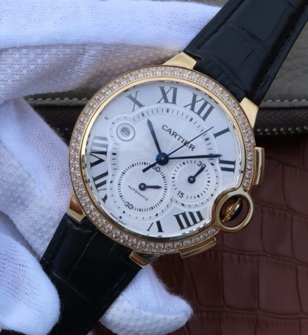 Replica Cartier Ballon Bleu De Cartier Chrono YG White Dial Diamonds Bezel A8101