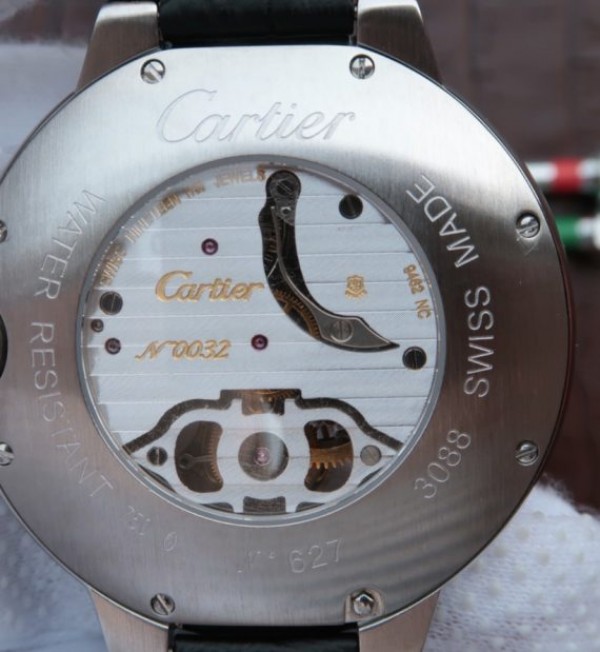 Replica Cartier Ballon Bleu Tourbillon SS Diamond Bezel Black Leather Strap