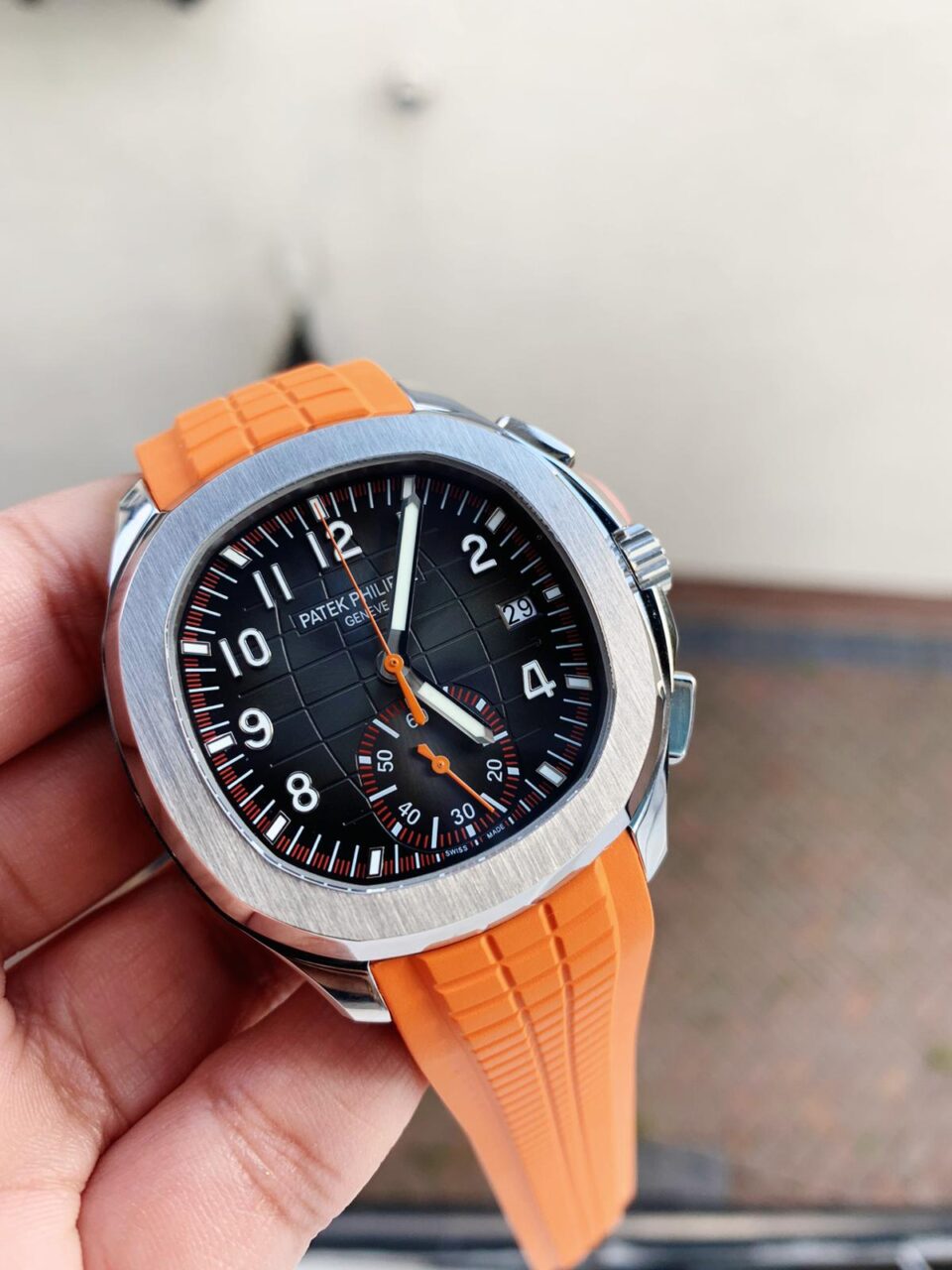 Replica PATEK PHILIPPE Aquanaut 5168G 42mm SS ZF 1:1 Best Edition Black Dial on Orange Rubber Strap
