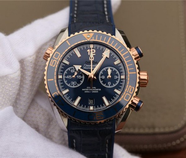 Replica Omega OMF Planet Ocean Master Chronometer SS/RG Blue Bezel Blue Dial Leather Strap A9901