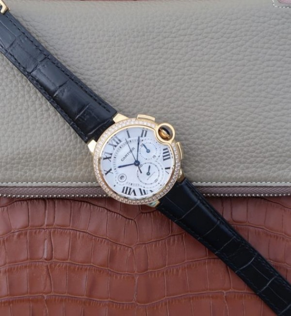 Replica Cartier Ballon Bleu De Cartier Chrono YG White Dial Diamonds Bezel A8101