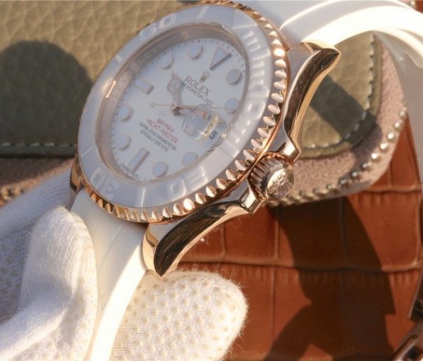 Replica Rolex Yacht-Master 116655 RG White Dial White Ceramic Rubber Strap A2824