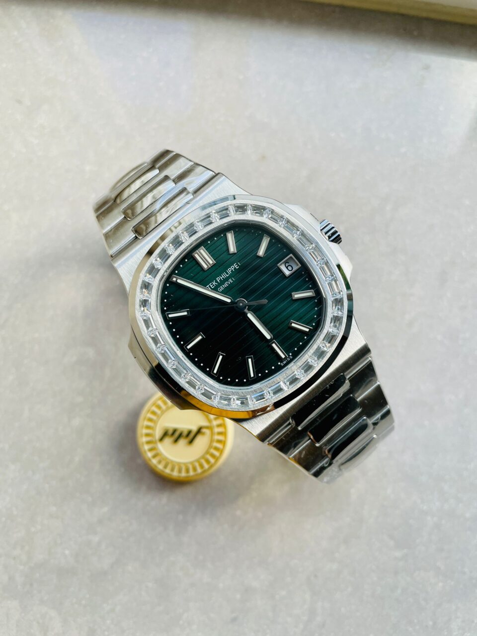 Replica PATEK PHILIPPE Nautilus 5711/1A PPF 1:1 Best Edition Green Textured Dial T Diamonds Bezel on SS Bracelet 324CS V4