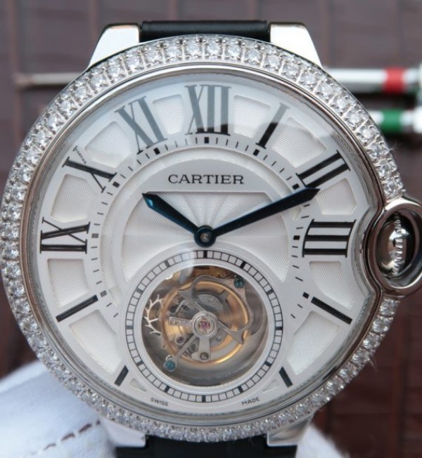 Replica Cartier Ballon Bleu Tourbillon SS Diamond Bezel Black Leather Strap