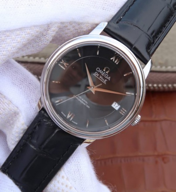 Replica Omega MKF De Ville 37mm SS Black Dial Black Leather Strap A2829