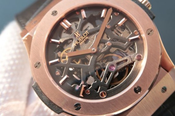 Replica Hublot Classic Fusion Tourbillon RG 45mm TF Skeleton Dial Black Gummy Strap A23J