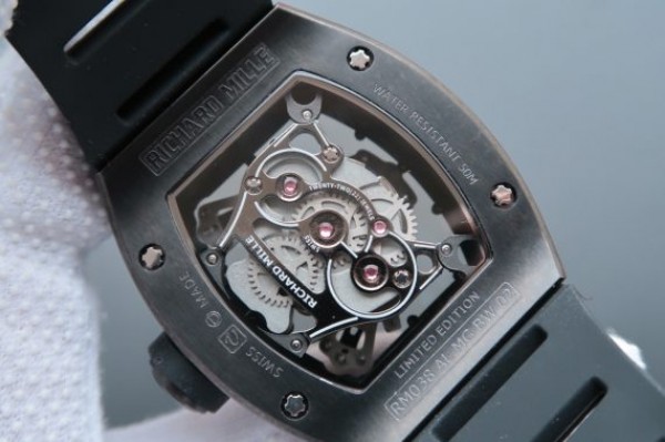 Replica Richard Mille RM038 PVD Black Inner Bezel Skeleton Dial Black Rubber Strap Jap Quartz