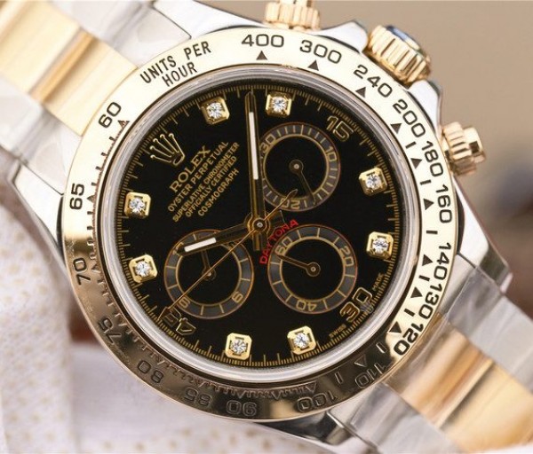 Replica Rolex Daytona 116523 Thick YG Wrapped Black Dial Diamonds Markers SS/YG Bracelet A7750