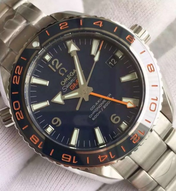 Replica Omega Planet Ocean GMT Goodplanet Blue Bezel Orange Marker Blue Dial SS Bracelet A8605