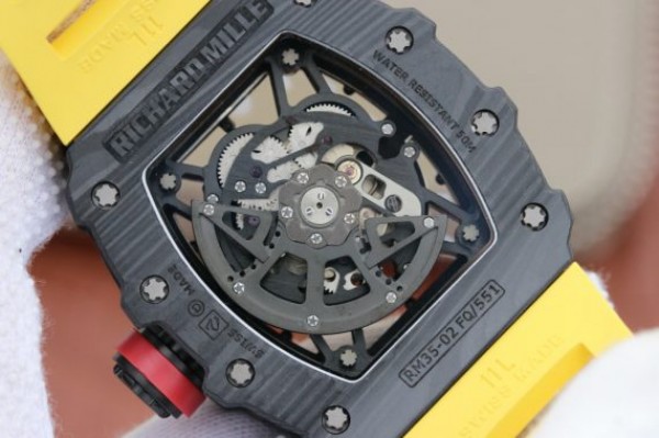 Replica Richard Mille RM035-02 Rafael Nadal FC Titanium Case KVF Skeleton Dial Red Yellow Rubber Strap MIYOTA8215