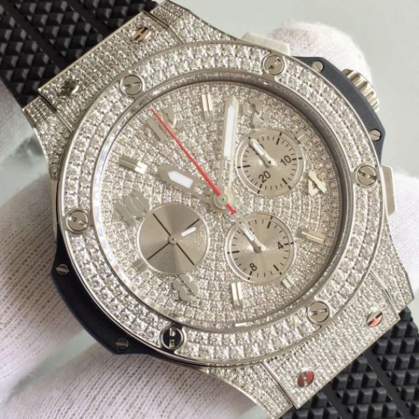 Replica Hublot Big Bang Full Pave Chrono Diamonds Dial Black Rubber Strap A7750