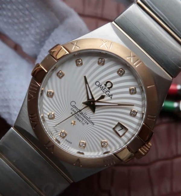 Replica Omega V6 Constellation 35mm YG Bezel White Textured Dial SS Bracelet A2500