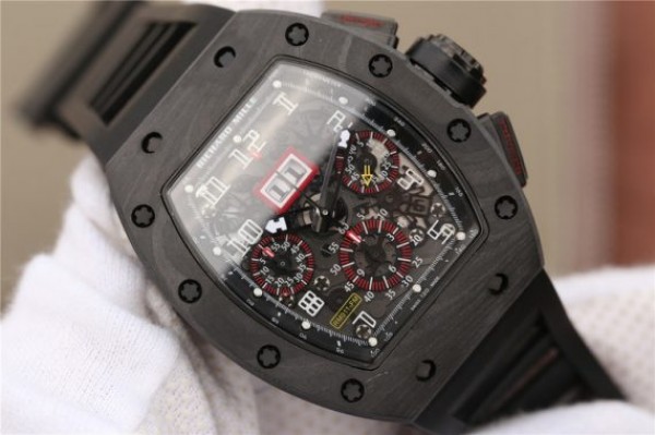 Replica Richard Mille RM011 NTPT Carbon Case Chronograph KVF Crystal Skeleton Dial Red Black Rubber Strap A7750