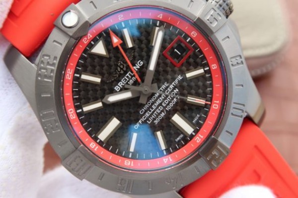 Replica Breitling Avenger GMT PVD GF Carbon Fiber Dial Red Rubber Strap A2836