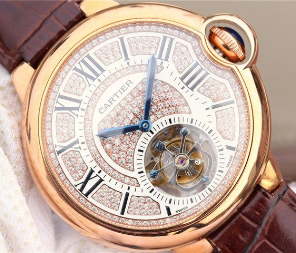 Replica Cartier Ballon Bleu de Cartier Tourbillon RG Leather Strap Diamonds Dial