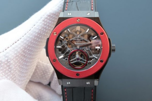 Replica Hublot Classic Fusion Tourbillon 45mm TF Red Bezel Skeleton Dial Black Gummy Strap A23J
