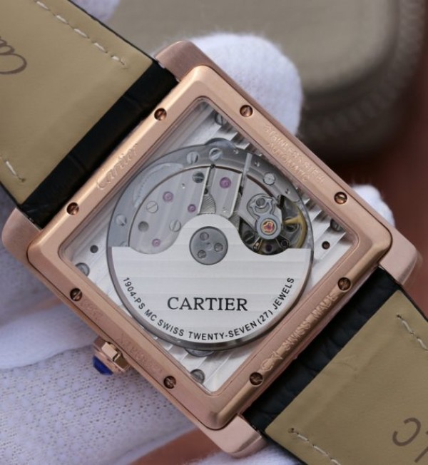 Replica Cartier Tank MC RG Black Textured Dial Diamonds Bezel Leather Strap