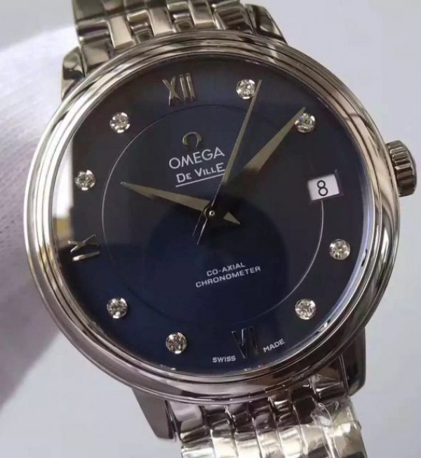 Replica Omega MKF De Ville 33mm Diamonds Markers Blue Dial SS Bracelet A2824