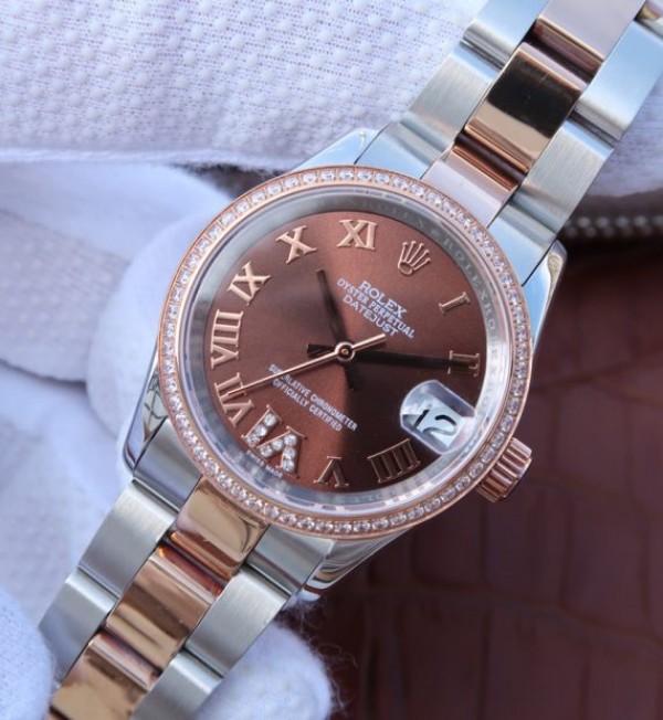 Replica Rolex DateJust 31mm 178383 Diamonds Bezel Roman Markers Brown Dial A2235