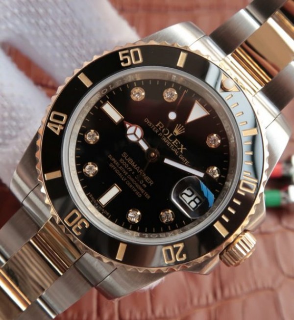Replica Rolex Submariner 116613 LN Noob Black Dial Diamonds Markers SS/YG Bracelet A3135