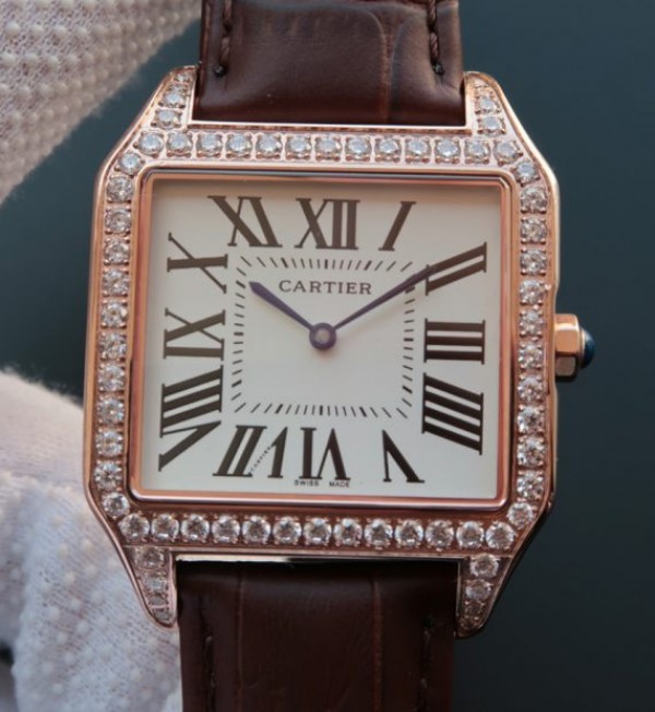 Replica Cartier Santos WH100751 Diamond RG White Dial Leather Strap A9015