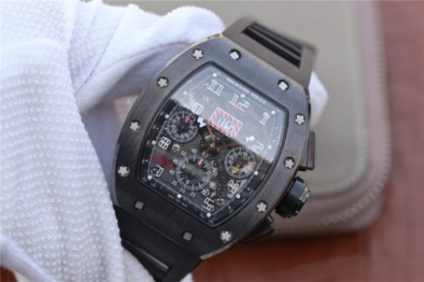 Replica Richard Mille RM011 Black Ceramic PVD Chrono Skeleton Dial Black Rubber Strap A7750