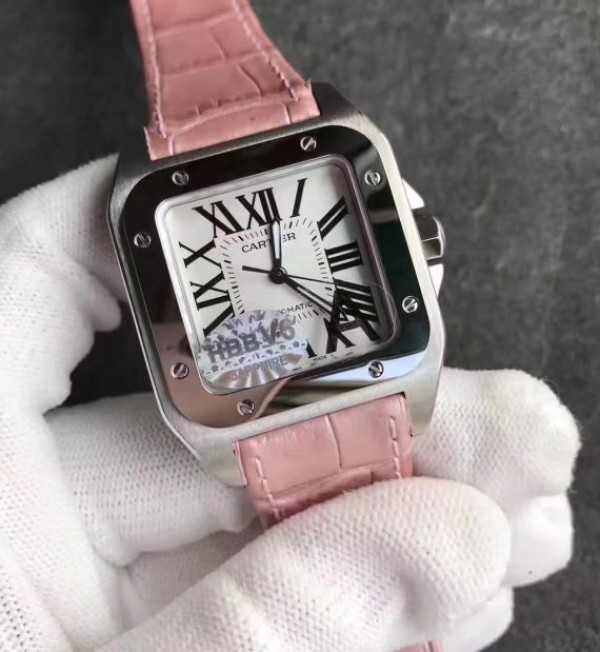 Replica Cartier Santos 100 33mm SS White Dial Pink Leather Strap SEIKO NH05A