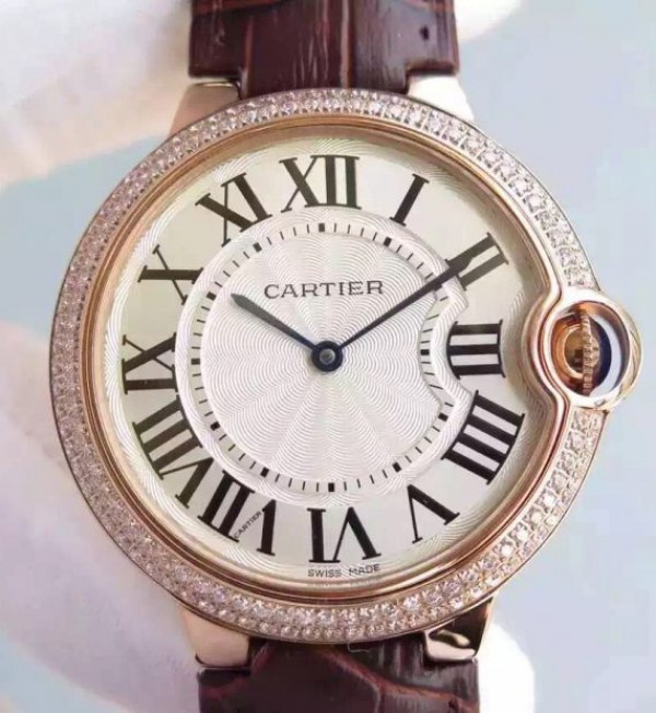 Replica Cartier Ballon Bleu 40mm RG Diamonds Bezel Whit Dial Leather Strap MIYOTA9015