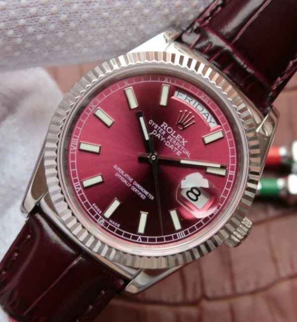 Replica Rolex Day-Date 36mm 118139-L Red Dial Stick Markers Brown Leather Strap A2836
