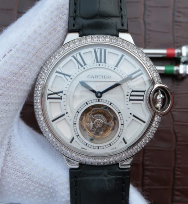 Replica Cartier Ballon Bleu Tourbillon SS Diamond Bezel Black Leather Strap