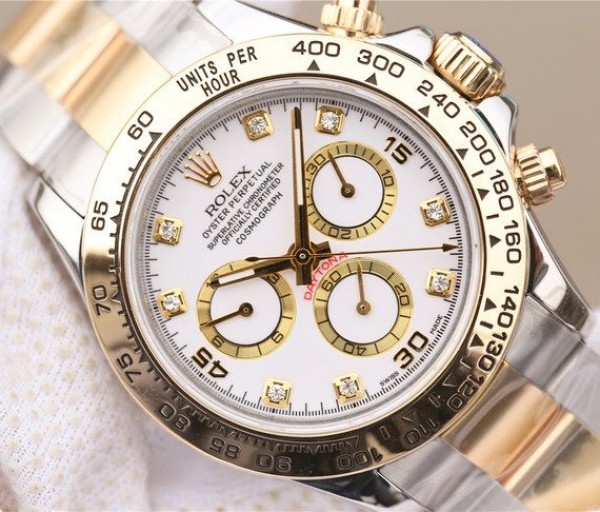 Replica Rolex Daytona 116523 Thick YG Wrapped White Dial Diamonds Markers Bracelet A7750