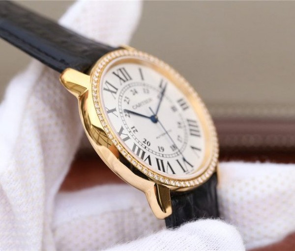 Replica Cartier Ronde De Cartier YG White Dial Diamonds Bezel Croco Strap A2892