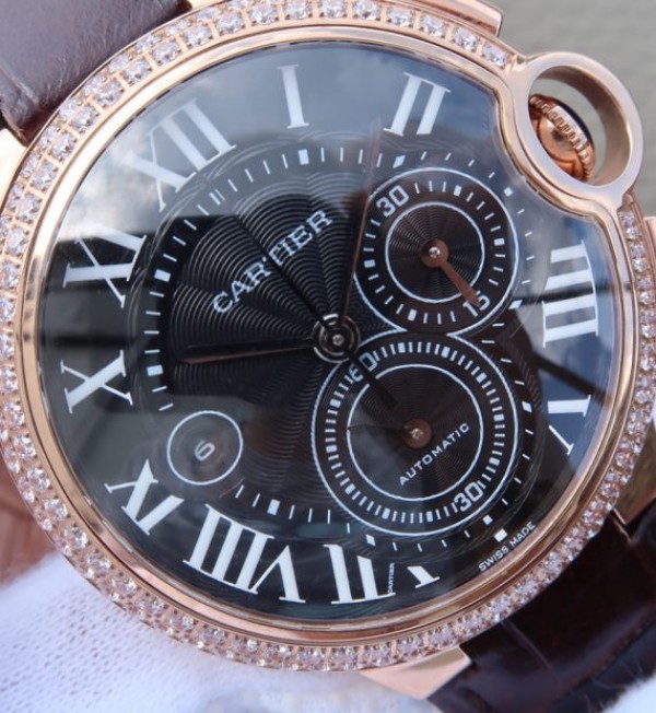 Replica Cartier Ballon Bleu De Cartier Chrono RG Black Dial Diamonds Bezel A8101