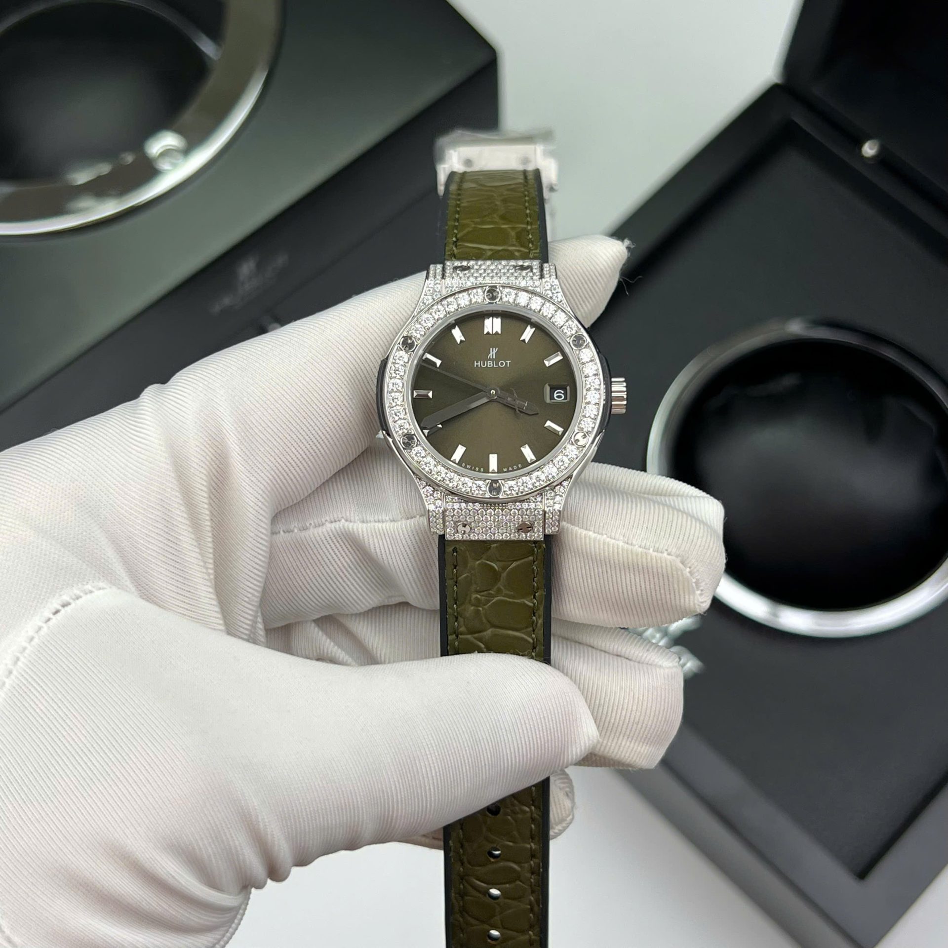 Hublot Classic Fusion Titanium Green Replica Watch Custom Moissanite Diamonds 33mm