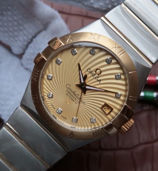 Replica Omega V6 Constellation 35mm YG Bezel YG Textured Dial SS Bracelet A2500