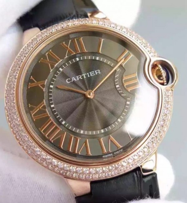 Replica Cartier Ballon Bleu 40mm RG Diamonds Bezel Black Dial Leather Strap MIYOTA9015