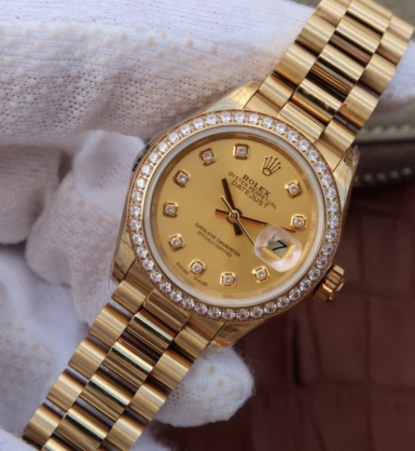 Replica Rolex DateJust 31mm Diamonds Bezel/Markers RG Case RG Gold Dial A2235