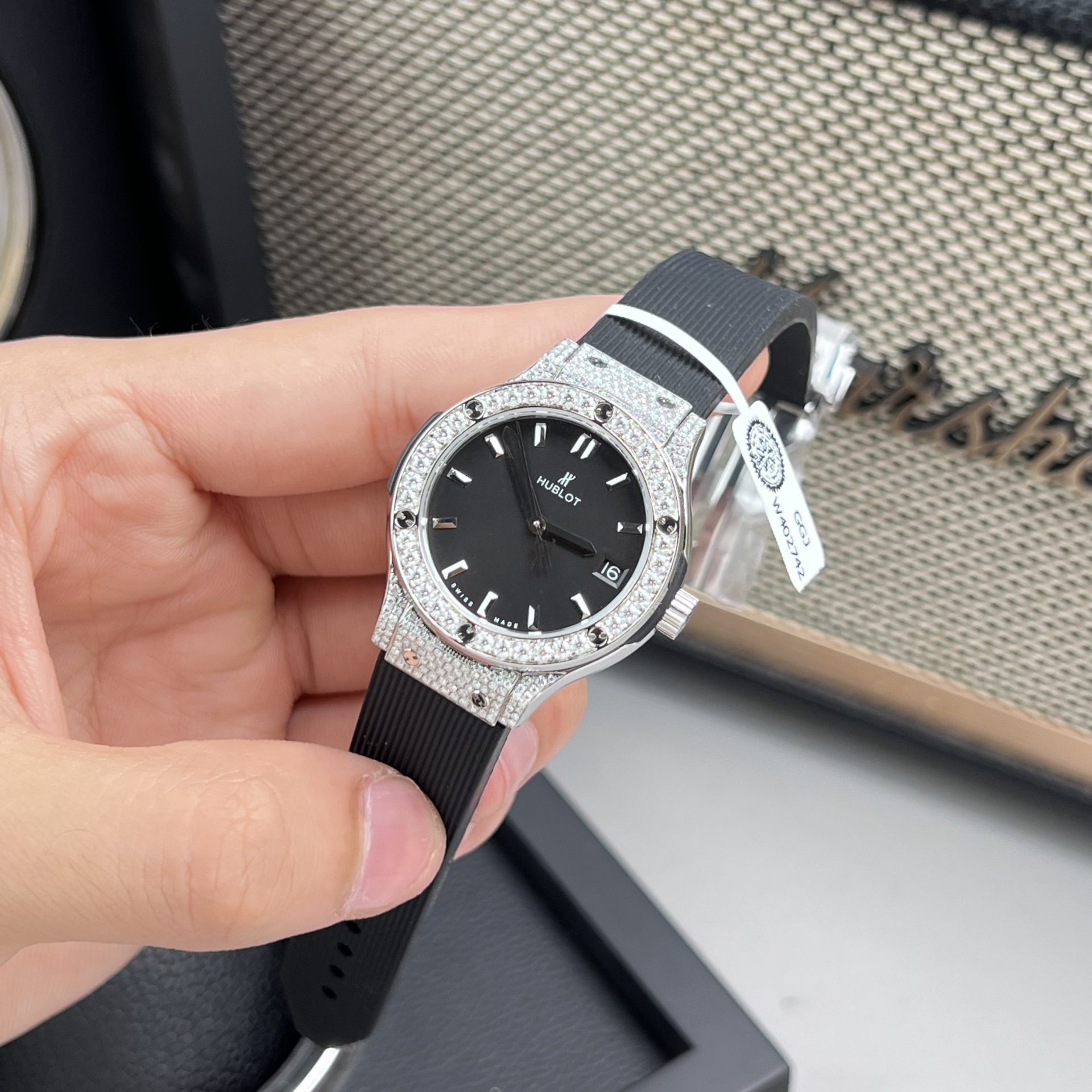 Hublot Classic Fusion Replica Watch Black Dial Custom Moissanite Diamonds 33mm