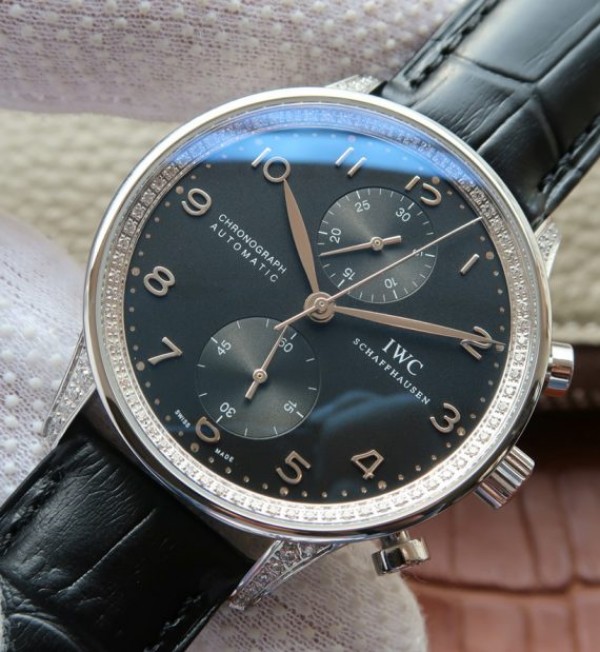 Replica IWC ZF Portuguese Chrono IW371447 Diamonds Bezel Leather Strap