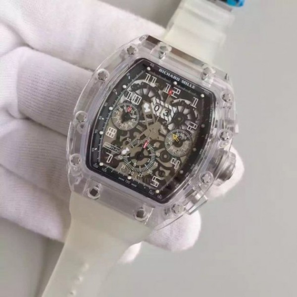 Replica Richard Mille RM011 Transparent Case White Bezel Skeleton Dial White Rubber Strap A7750